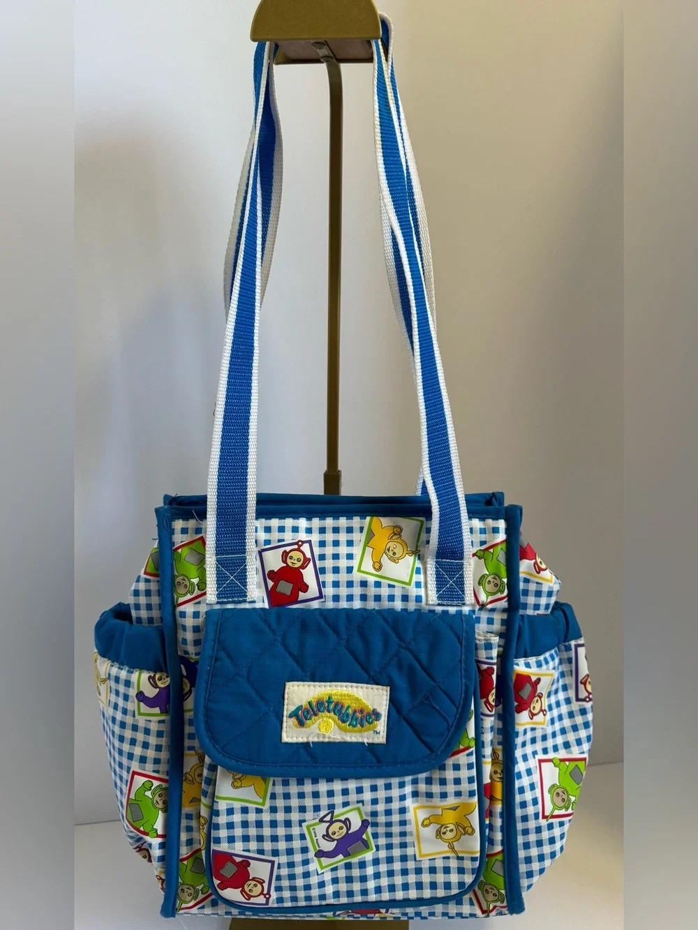 vintage 1990s Ragdoll Teletubbies blue and white gingham diaper bag